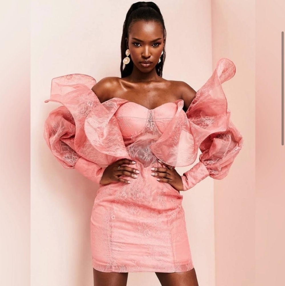 ASOS LUXE lace mini dress with wire Bardot in blush